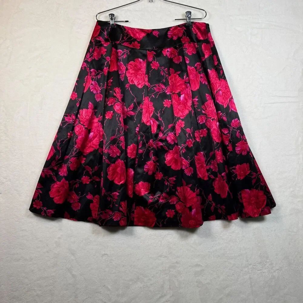 Talbots Women Sz 14 Black Fuchsia Floral Silk Blend Fit Flare Midi Skirt Lined